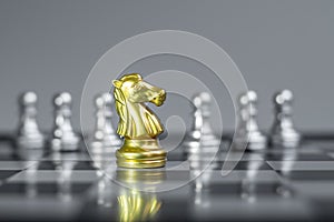 Gold  Chess Knight horse figure on Chessboard against opponent or enemy. Strategy, Conflict, management, business planning,