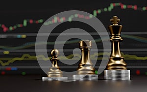 Gold Chess with money investment ,financial market, emulation and planning concept, 3D render