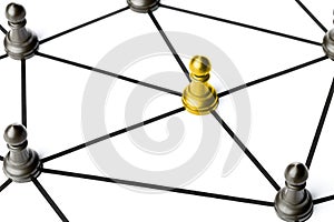 Gold chess pawn figure connected to other figures by black lines