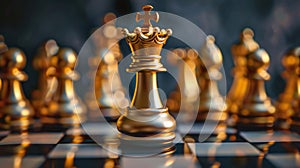 A gold chess piece on a checkered board with other pieces, AI