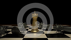 The gold chess and virus on boardgames 3d rendering for strategy concept