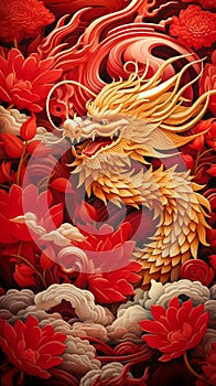 Gold Chinese dragon. Illustration of zodiac Dragon and red Chinese new year backgrounds