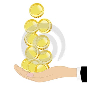 Gold chinks in a hand on a white background