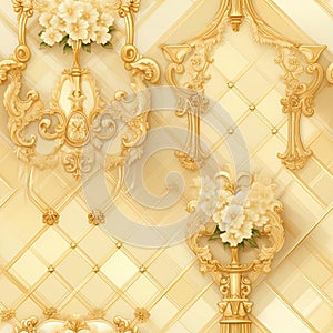 Gold chivalric-style wallpaper with intricate floral patterns and baroque religious scenes (tiled) photo