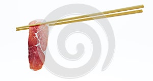 Gold Chopsticks and meat isolated on white background. 3D illustration