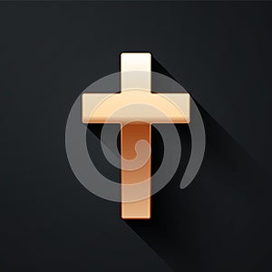 Gold Christian cross icon isolated on black background. Church cross. Long shadow style. Vector.