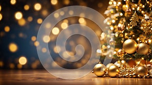 Gold Christmas background of defocused lights with decorated tree