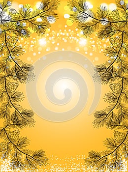 Gold Christmas background with snow and black pine branches, sparkling holiday vector background.