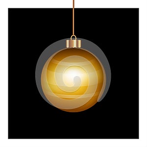 Gold Christmas ball decorated with stripe shape hanging isolated on black background. Realistic bauble gold ball decoration.