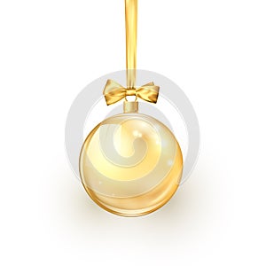 Gold Christmas ball with golden silk ribbon and bow. Element of holiday decoration. Vector illustration isolated on white