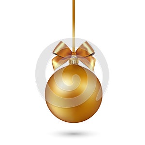 Gold Christmas ball with ribbon and bow on white background. Vector illustration.