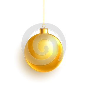 Gold Christmas ball on white background. Golden glass xmas toy. Luxury hanging bauble with ribbon. Bright Holiday