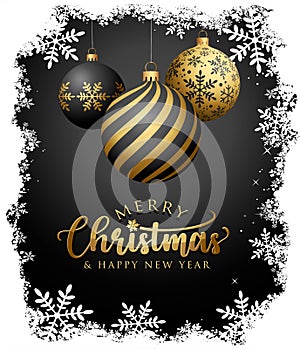 Gold Christmas balls on Dark background - Greeting card