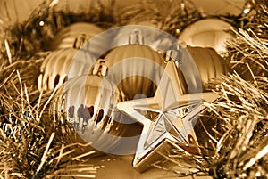 Gold Christmas balls and stars