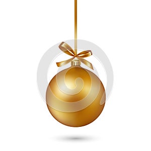 Gold Christmas ball with ribbon and bow on white background. Vector illustration.