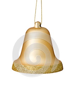 Gold Christmas Bell Ornament On White Background.