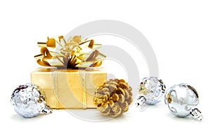 Gold Christmas gift with baubles