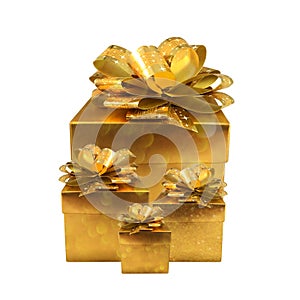 Gold Christmas gift boxes isolate on white background