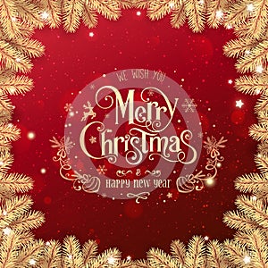 Gold Christmas and New Year Text on red Xmas background with gold fir branches, light, stars, bokeh.