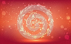 Gold Christmas and New Year typographical on red holiday background with Christmas wreath, snowflakes, light, stars.