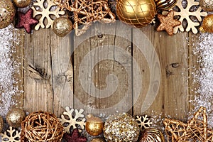 Gold Christmas ornament double border with snow frame on wood