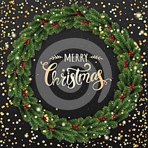 Gold Christmas text on black background with Christmas wreath of tree branches, berries, lights, snowflakes.