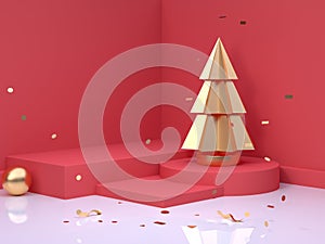 Gold christmas tree Christmas holiday new year concept 3d rendering red scene wall floor corner abstract minimal