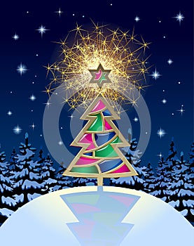 Gold Christmas tree with stained glass and sparkler light on dark winter night forest in snow and blue starry background