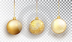 Gold Christmas tree toy set isolated on a transparent background. Stocking Christmas decorations. Vector object for christmas desi