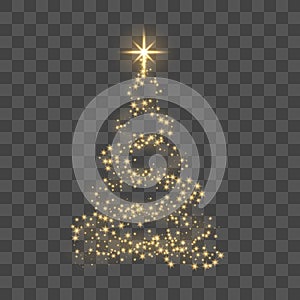 Gold Christmas tree on transparent background Happy New Year Vector illustration