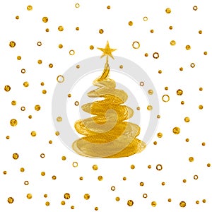 Gold Christmas trees with star and snowfall.Confetti Gold color Christmas tree watercolor illustration isolated on white backgroun