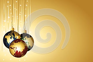 Gold christmas wallpaper with colorful globe baubles. Golden garlands and blank sparkle vector background. Illustration.