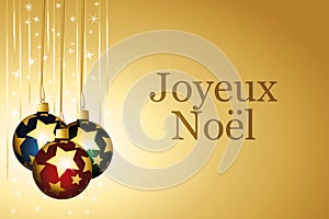 Gold christmas wallpaper with colorful starry baubles. Golden garlands and sparkle vector background. French text Illustration.