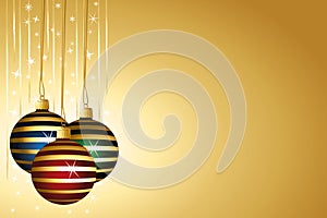 Gold christmas wallpaper with colorful striped baubles. Golden garlands and blank sparkle vector background. Illustration.