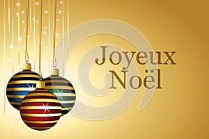 Gold christmas wallpaper with colorful striped baubles. Golden garlands and sparkle vector background. French text Illustration.