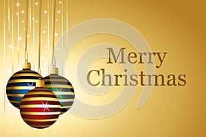 Gold christmas wallpaper with colorful striped baubles. Golden garlands and sparkle vector background. Illustration.