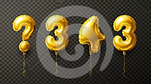 Gold chrome numbers isolated on transparent background. Modern illustration of yellow balloons 3, 4, 5, 6. Decorations