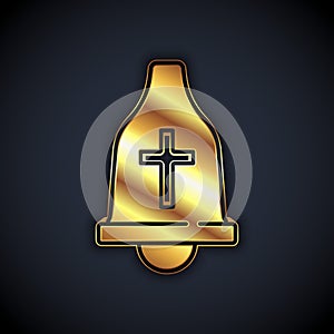 Gold Church bell icon isolated on black background. Alarm symbol, service bell, handbell sign, notification symbol
