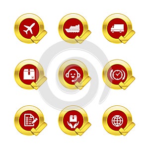 Gold circle and check mark with logistic and transport icons