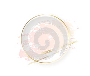 Gold circle frame with pastel nude pink texture and shadow, golden brush strokes isolated on white background. Geometric