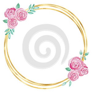 Gold circle frame with watercolor flower illustration