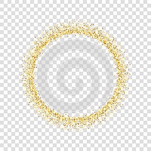 Gold circle glitter frame. Golden confetti dots round, white transparent background. Bright texture pattern for