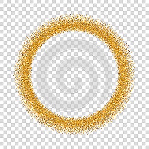 Gold circle glitter frame. Golden confetti dots round, white transparent background. Bright texture pattern Christmas