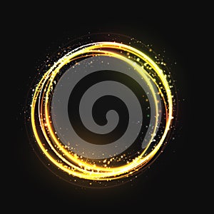 Gold circle light effect with round glowing elements, particles and stars on dark background. Shiny glamour sparkle