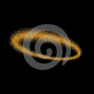 Gold circle. Light glitter effect. Golden ring, isolated black background. Ellipse magic element. Foil texture