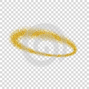 Gold circle. Light glitter effect. Golden ring, isolated white transparent background. Ellipse magic element. Foil