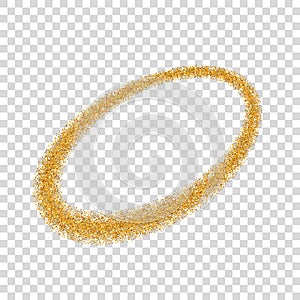 Gold circle. Light glitter effect. Golden ring, isolated white transparent background. Ellipse magic element. Foil