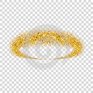 Gold circle. Light glitter effect. Golden ring, isolated white transparent background. Ellipse magic element. Foil