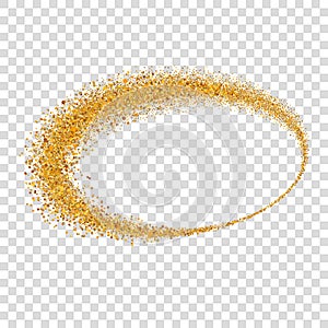 Gold circle. Light glitter effect. Golden ring, isolated white transparent background. Ellipse magic element. Foil