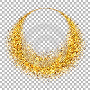 Gold circle. Light glitter effect. Golden ring, isolated white transparent background. Ellipse magic element. Foil